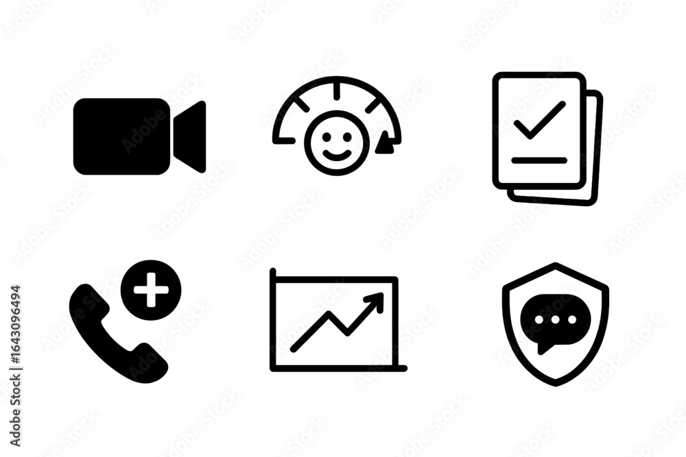 Poster collection of common communication and productivity icons used in digital applications