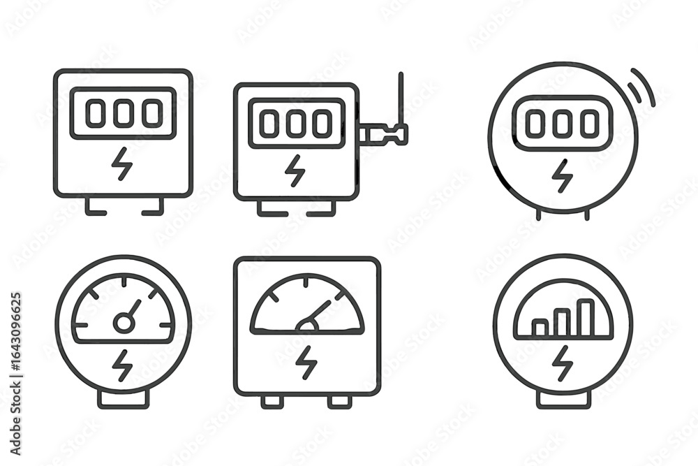 Poster line art illustrations of energy meters and gauges displaying various readings and signals in a mini