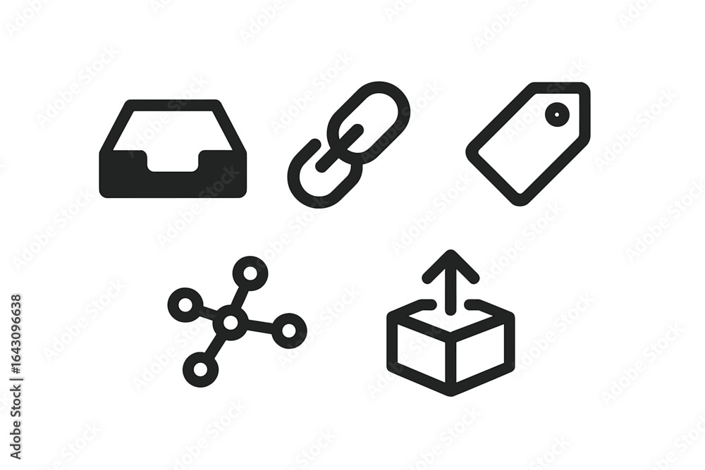 Poster icons representing organizational tools for digital assets and links in minimalistic design suitable