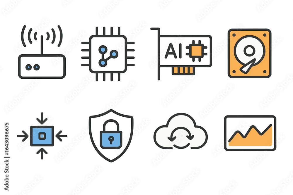 Poster digital technology icons depicting wireless communication, artificial intelligence, and data securit