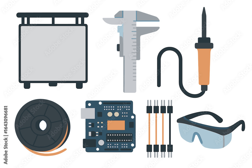 Aufkleber tools and equipment for electronics and engineering projects arranged on a flat surface