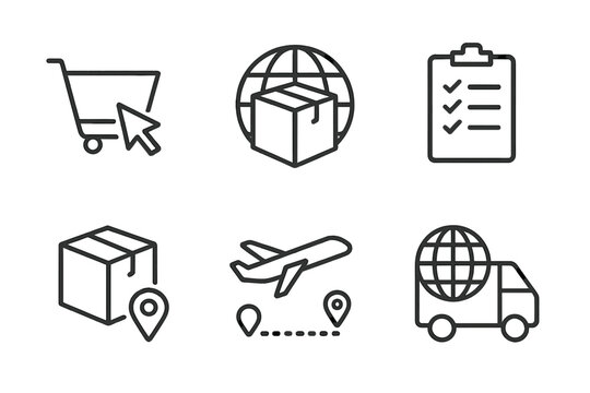 Online shopping icon set featuring cart, globe, and delivery symbols representing e-commerce and logistics