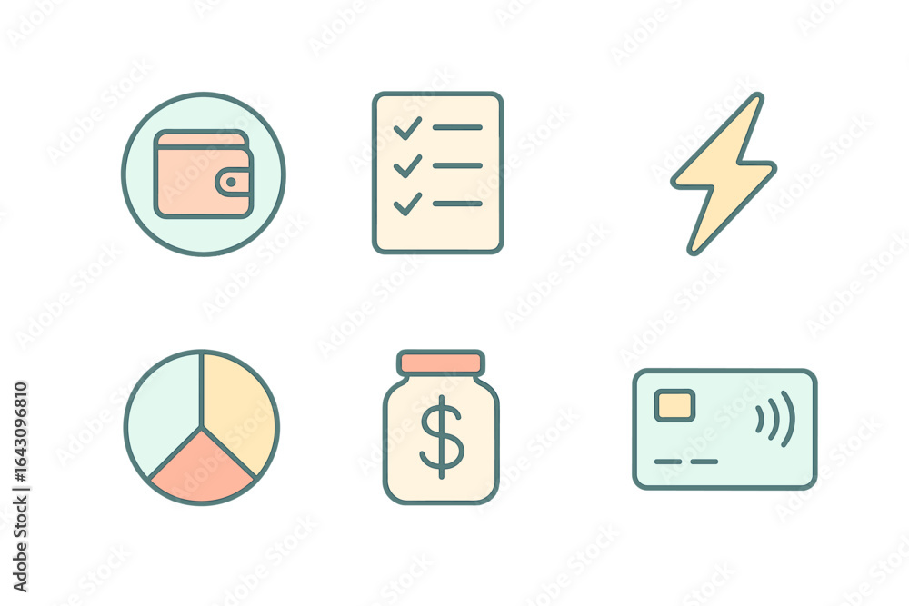 Poster icons representing finance and budgeting concepts in a minimalist design for digital or print use