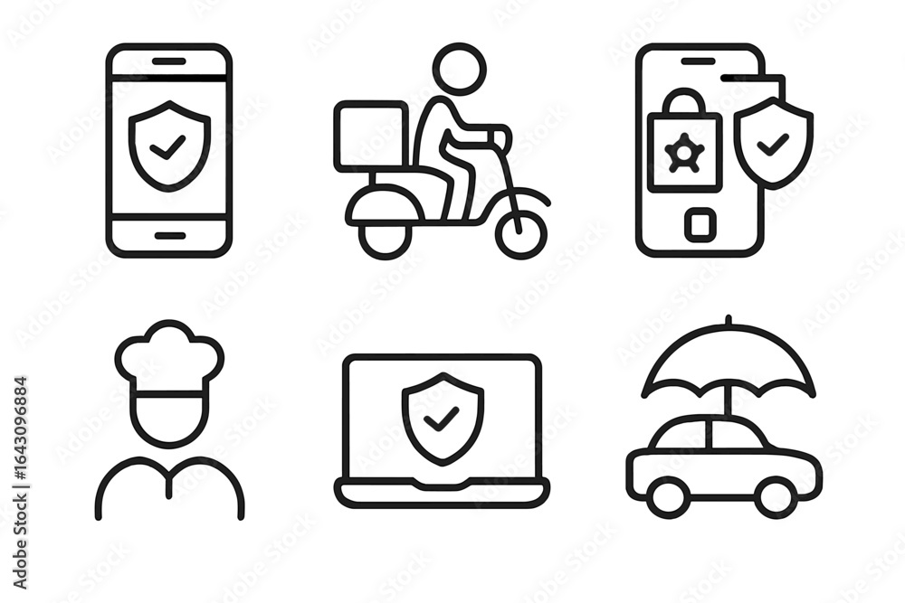 Poster various icons representing security measures in different daily activities including delivery and di