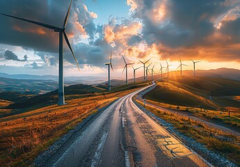 An image of roads and wind turbines, suitable for the promotional background of wind power generation, as well as concepts related to green transportation and low-carbon infrastructure.
