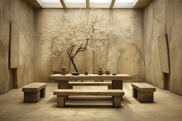 A minimalist dining area with a blossoming tree.