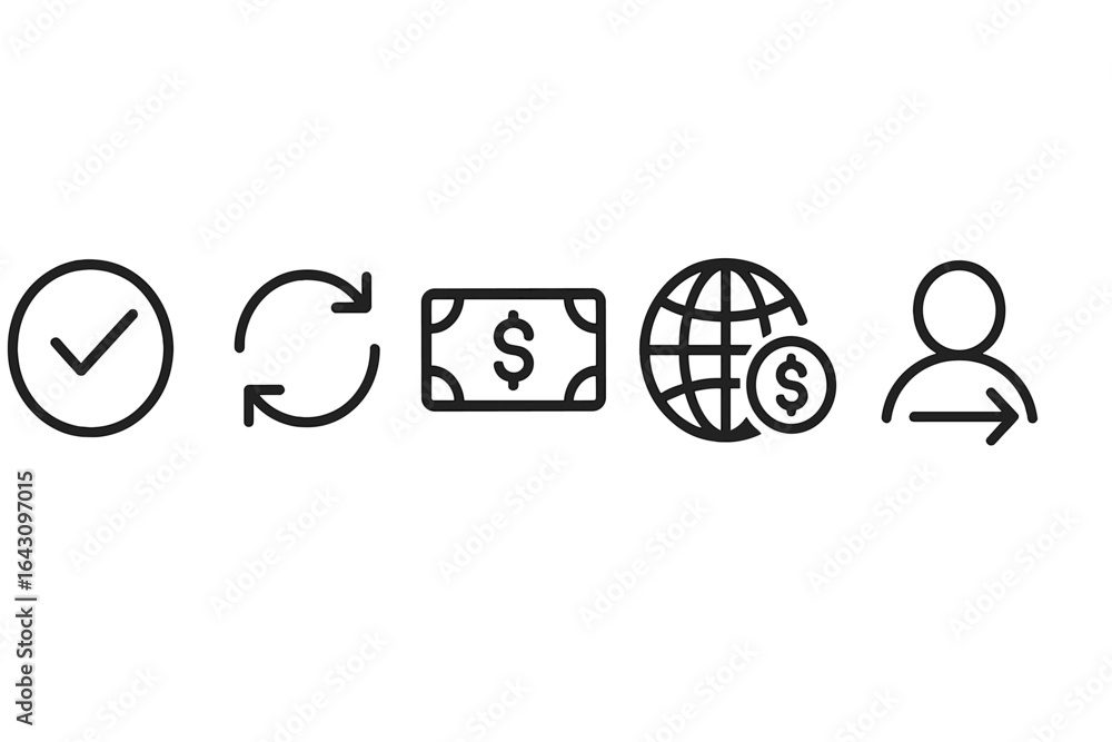 Poster symbols representing transactions and international finance concepts in a minimalist style