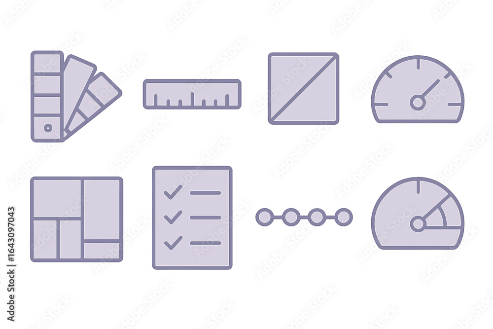 Poster design tools and elements arranged in a grid layout for creative project planning and organization