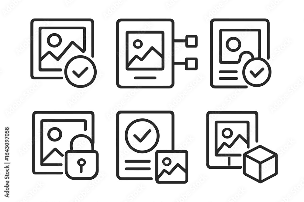 Poster illustration of photo management icons representing image verification and sharing concepts in digit