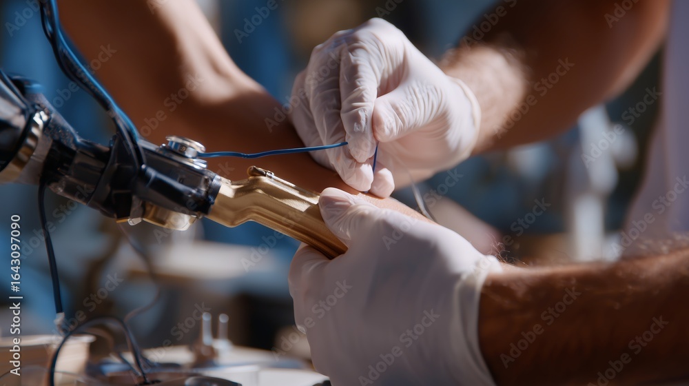 Poster technician works on intricate mechanical device with precision tools in a workshop during daylight h