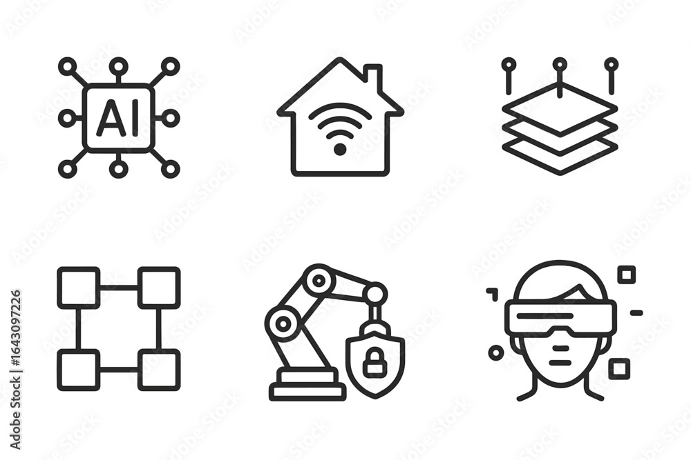 Poster icons representing artificial intelligence, smart home technology, machine learning, and robotics co