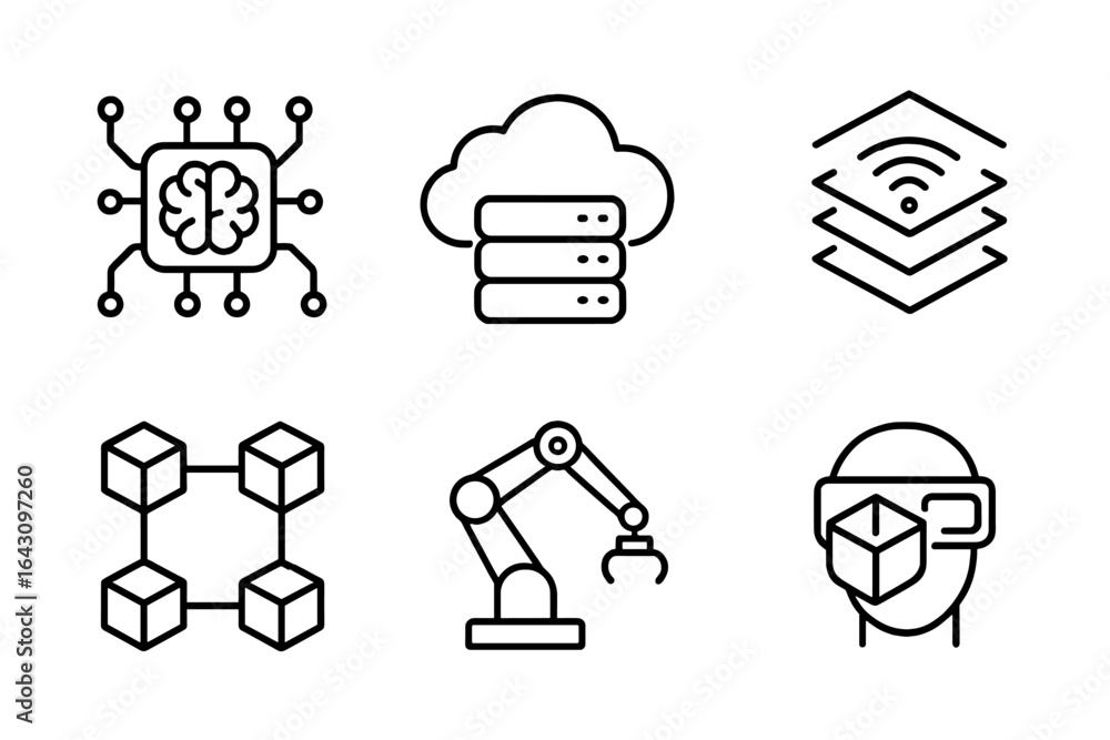Poster exploring the future of technology with symbols of artificial intelligence, cloud computing, and aut
