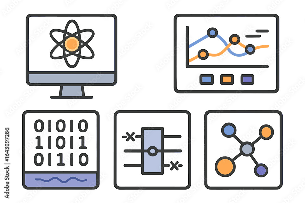 Poster visual representation of data analysis and digital technology concepts featuring scientific themes a