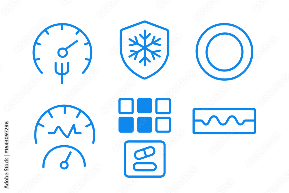 Poster icons representing various functions including speedometer, temperature control, and medication in a