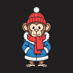 Cute cartoon monkey in a blue winter coat red scarf and matching pompom beanie standing with hands in pockets.