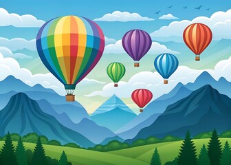 Fototapeta premium Colorful hot air balloons float over blue mountains