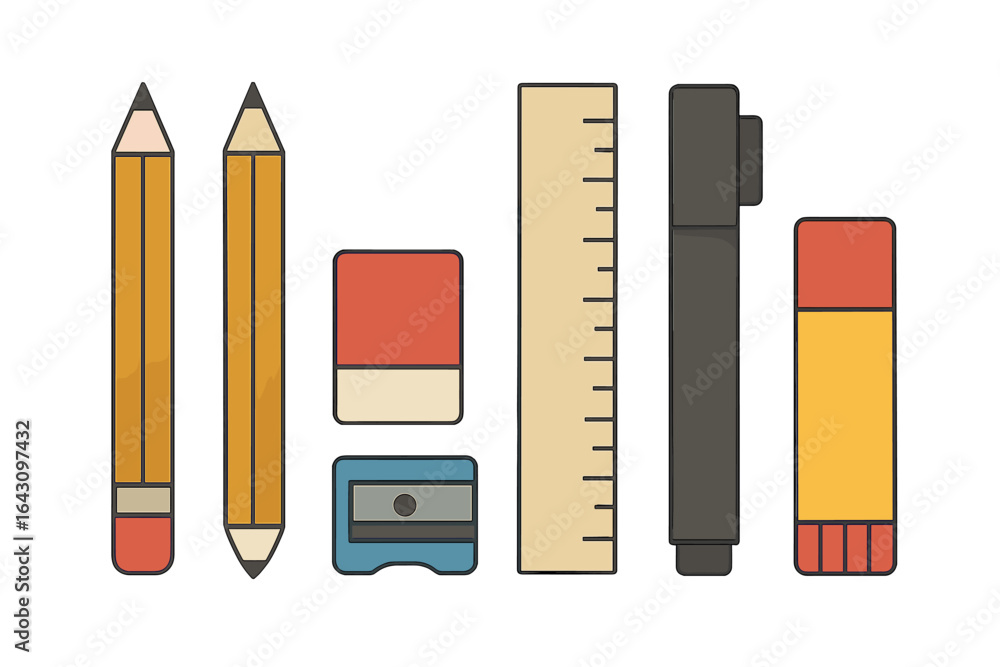 Poster collection of colorful school stationery items arranged neatly on a white background during a creati