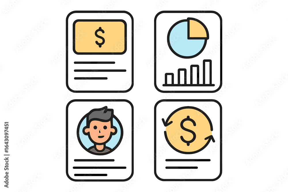 Poster financial data overview displaying charts, profiles, and currency exchanges in a modern design layou