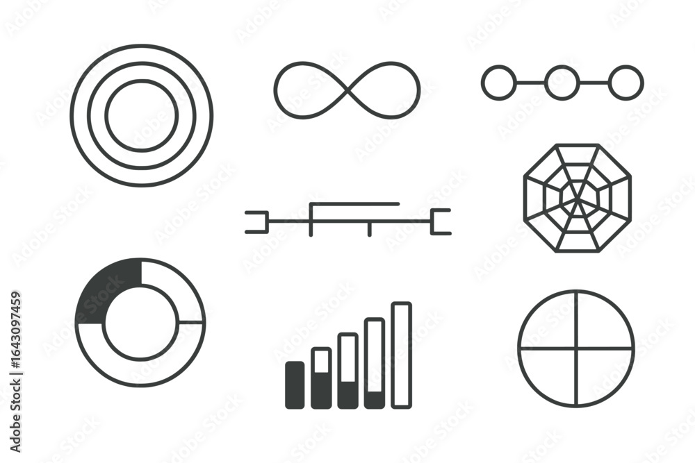 Poster collection of modern geometric icons representing data visualization and analytical tools in black a
