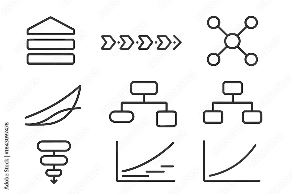 Poster line art symbols represent various concepts in design and data visualization suitable for presentati