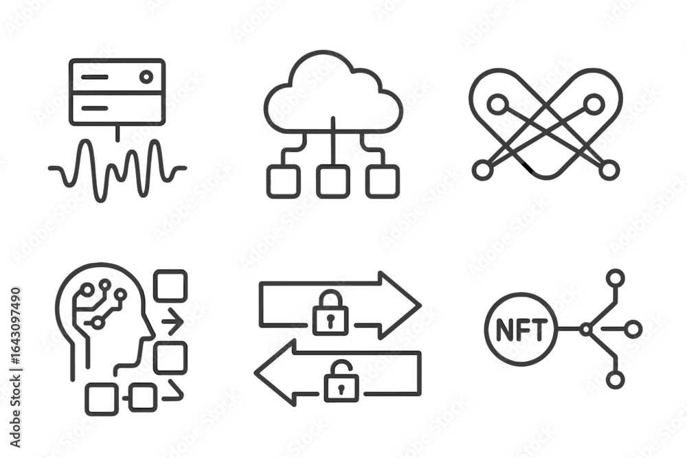 Poster exploration of digital technology concepts showcasing blockchain, cloud computing, and artificial in