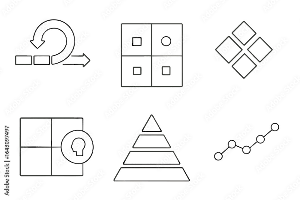 Poster collection of simple geometric shapes and icons representing various concepts in design and data vis