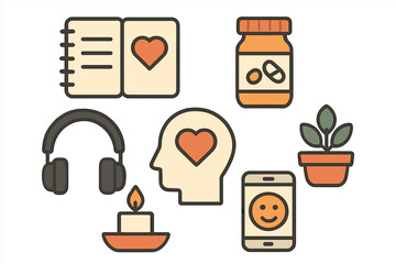 Mental health practices including self-care items and relaxation tools for well-being
