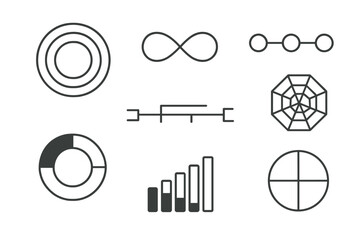 Collection of modern geometric icons representing data visualization and analytical tools in black and white design