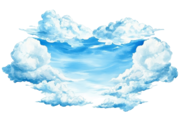 Watercolor frame of fluffy blue sky clouds isolated on transparent background. Blue sky with clouds border watercolor isolated on white background.