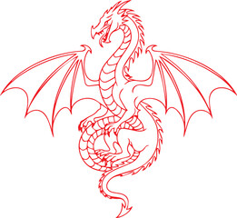 European dragon tattoo design, simple line art style, black ink, minimal details, clean and elegant continuous lines, symmetrical composition, no shading, vector illustration, white background