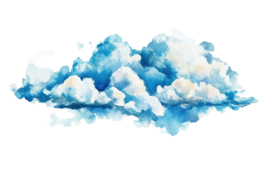 Watercolor cumulus cloud formation isolated on transparent background. Blue sky with clouds border watercolor isolated on white background.