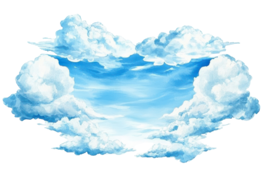 Watercolor frame of fluffy blue sky clouds isolated on transparent background. Blue sky with clouds border watercolor isolated on white background.