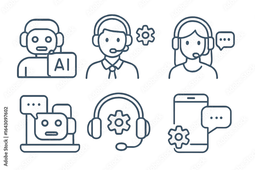 Poster illustration of customer support representatives using ai technology for communication and assistanc