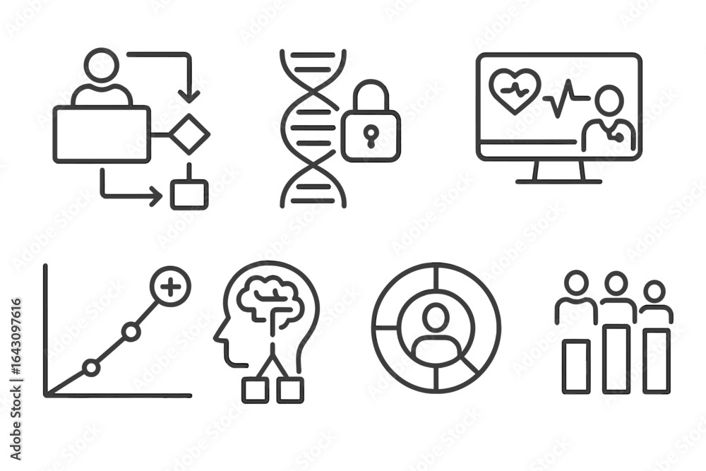 Poster different aspects of health technology represented through simple icons in a clean layout