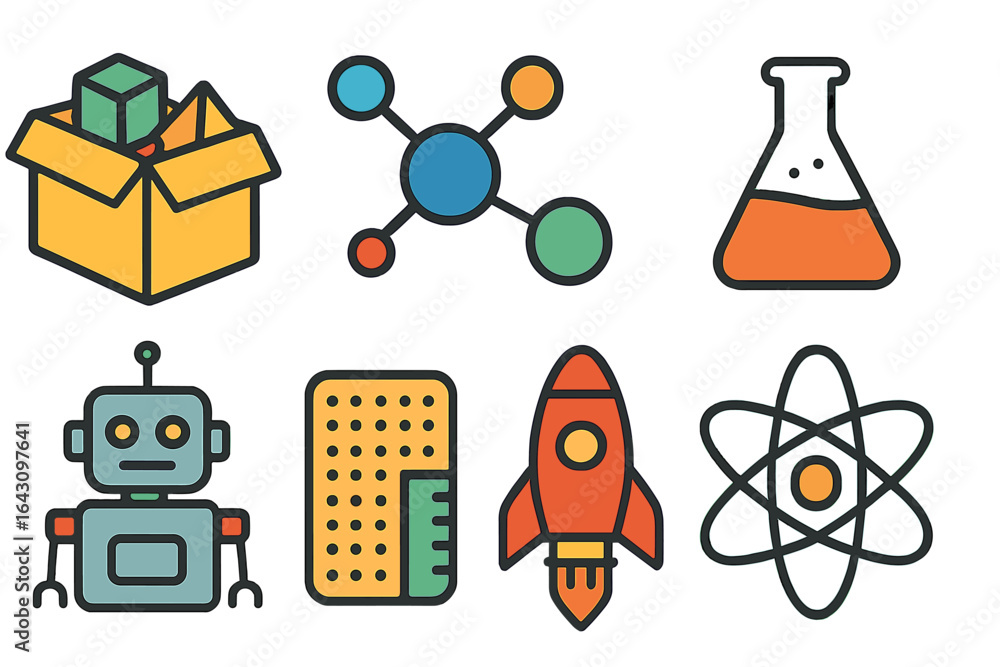 Poster exploration of science and technology concepts in a colorful and creative illustration showing vario
