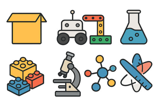 Colorful educational icons representing science and technology learning tools for children in a classroom setting