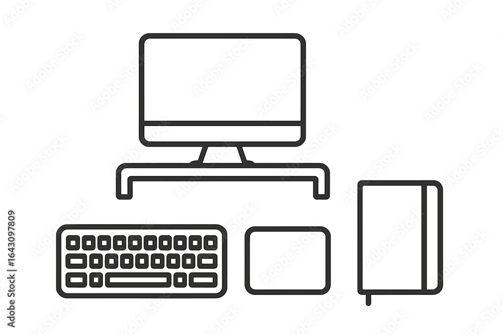 Poster computer setup featuring monitor, keyboard, mouse pad, and notebook on a clean desk