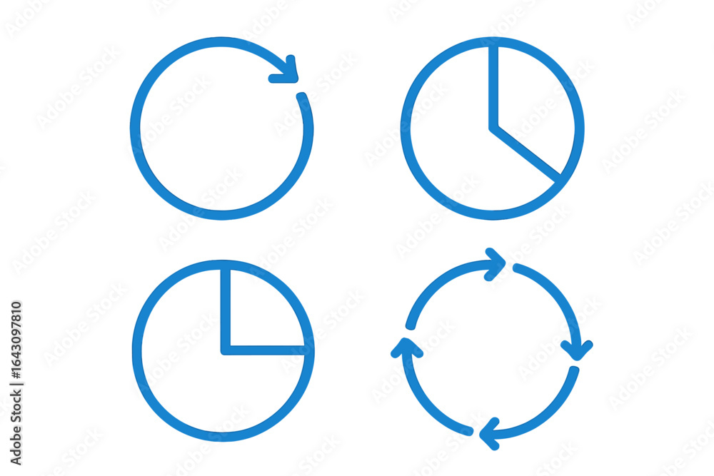 Poster various circular icons representing time concepts and cyclical processes illustrated in a simple blu