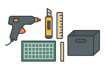 Crafting tools arranged on a workspace for creative DIY projects and home improvement tasks