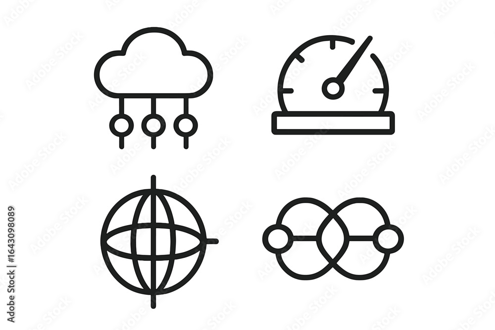 Poster digital icons representing cloud computing, performance metrics, and global connectivity in modern t