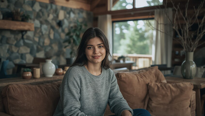 Obraz premium Comfort and Serenity: A portrait of a young woman embodies tranquility and peace, seated on a cozy couch in a rustic, cabin-like setting, smiling with effortless grace.