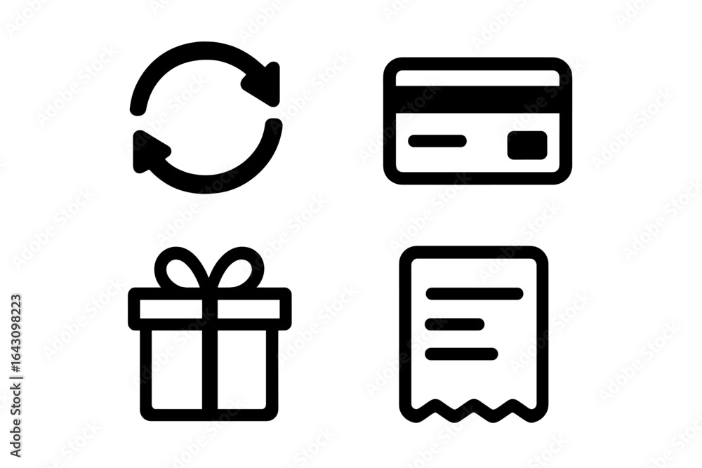 Poster collection of simple icons representing payment, gift, receipt, and refresh concepts for digital com