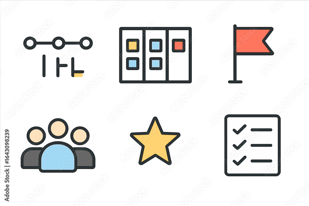 Poster icons representing project management, teamwork, and progress tracking in a modern workspace setting