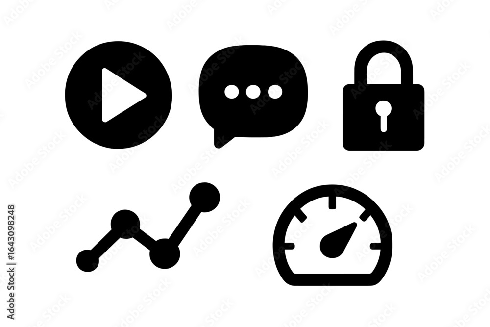 Poster collection of black icons representing play, chat, security, and performance metrics typically used 