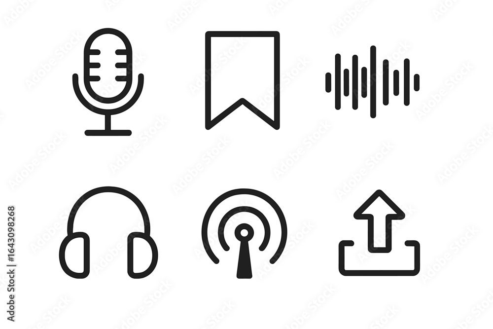 Poster various audio and communication icons representing recording, broadcasting, and listening activities