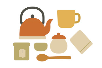 Tea time setup with kettle, cups, and various utensils on a clean surface