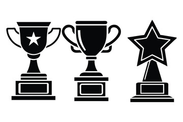 Silhouette Set of Three Trophy Icons Isolated on White Background