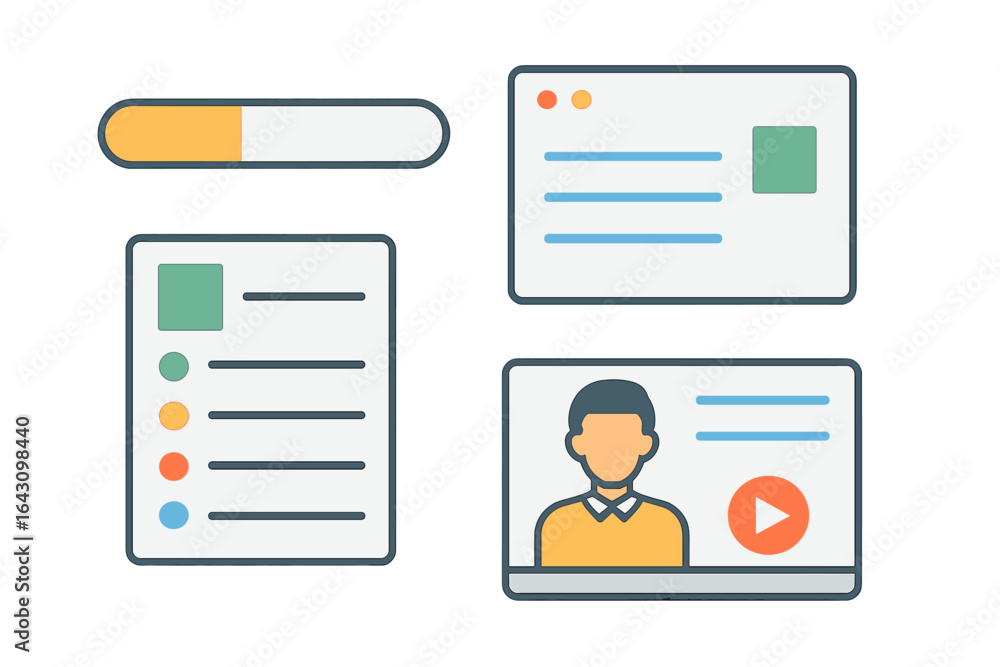 Poster user interface design elements showcasing progress bars, lists, and video components for modern web 