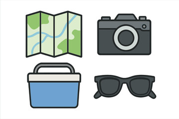 Collection of travel essentials including a map, camera, cooler, and sunglasses for outdoor adventures