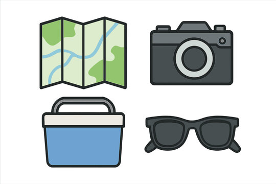 Collection of travel essentials including a map, camera, cooler, and sunglasses for outdoor adventures